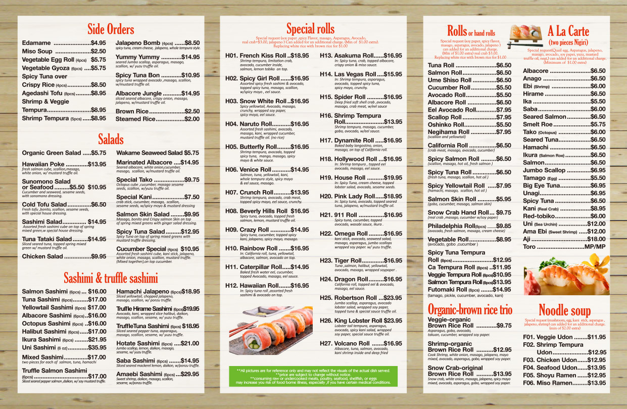 side orders, salads, sashimi & truffle sashimi, special rolls, rolls, hand rolls, a la carte, organic-brown rice trio, noodle soup